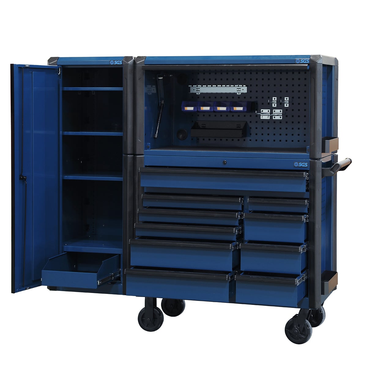 SGS 44in Roller Cabinet with Top Hutch and Side Cabinet- 10 Drawers- Blue